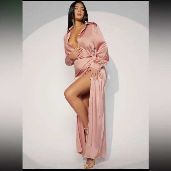 Plunging Neck Split Thigh Satin Dress - Picture 4 of 4